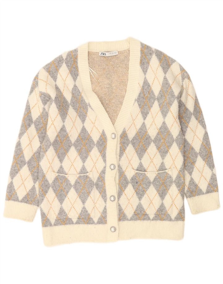 Maglione cardigan oversize da donna Zara UK 10 piccolo bianco sporco a rombi/diamante