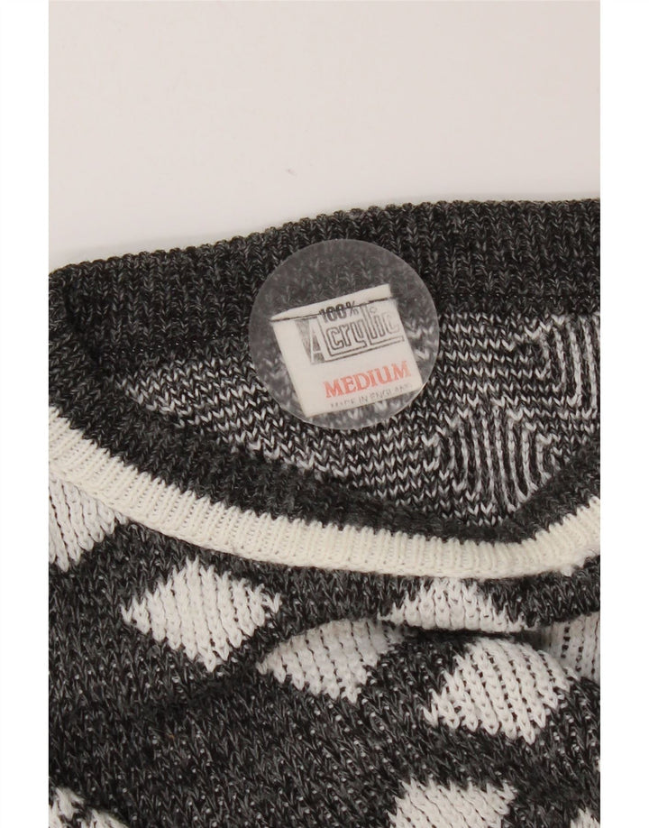 Maglione maglione girocollo da donna vintage UK 14 Grigio medio geometrico