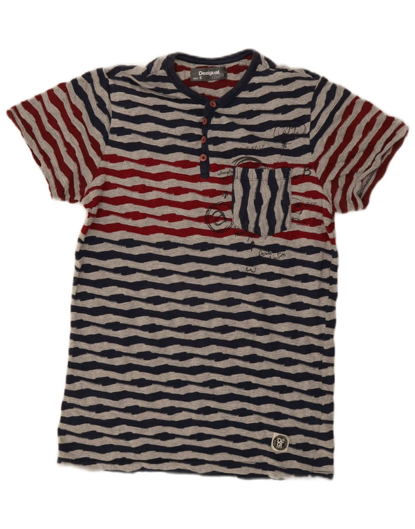 Desigual Mens Graphic T-Shirt Top Small Navy Blue Striped Cotton