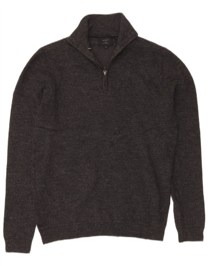 Maglione da uomo con zip e collo SUPERDRY in lana merino grigio medio