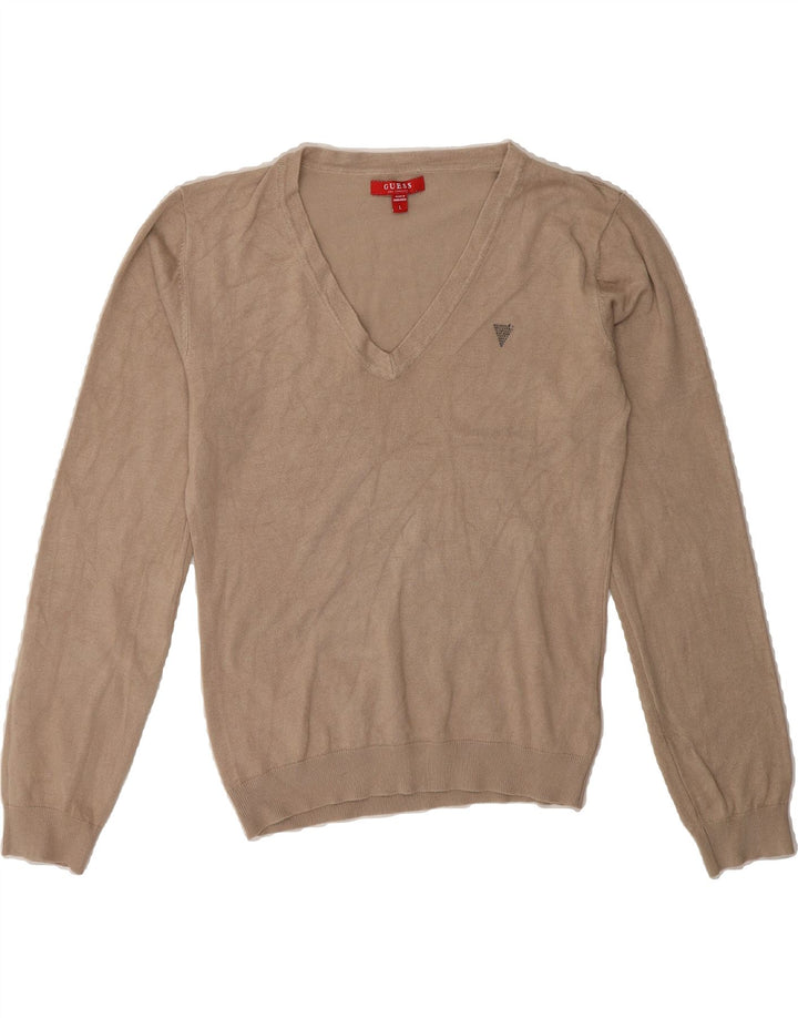 GUESS Womens V-Neck Jumper Sweater UK 14 Large Beige Viscose Vintage Guess and Second-Hand Guess from Messina Hembry 