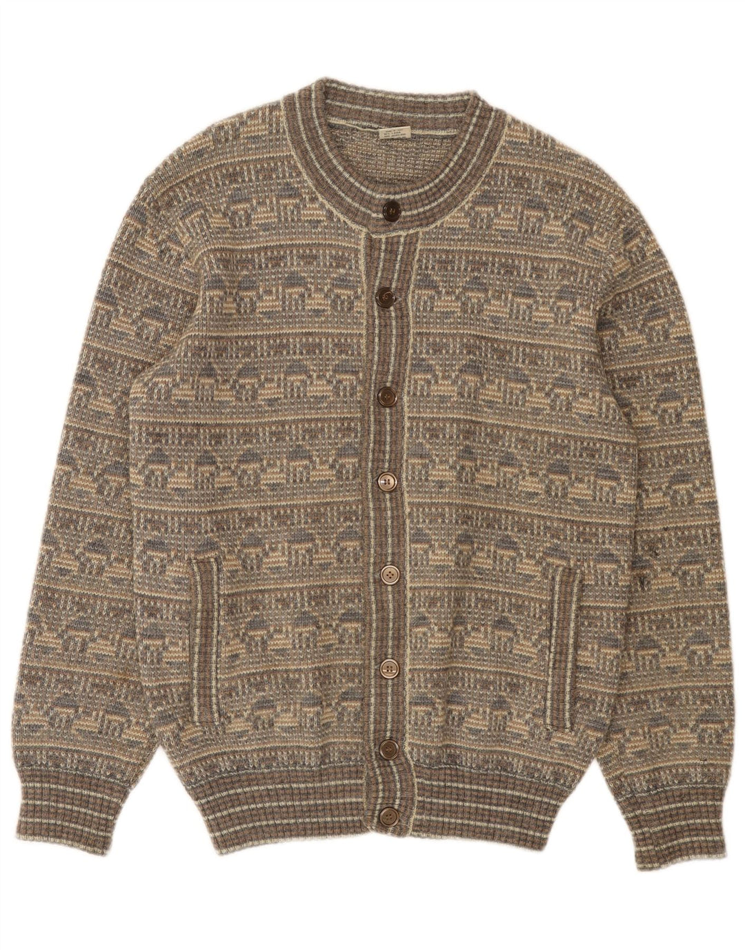 Maglione cardigan da uomo vintage in lana Fair Isle grigio medio