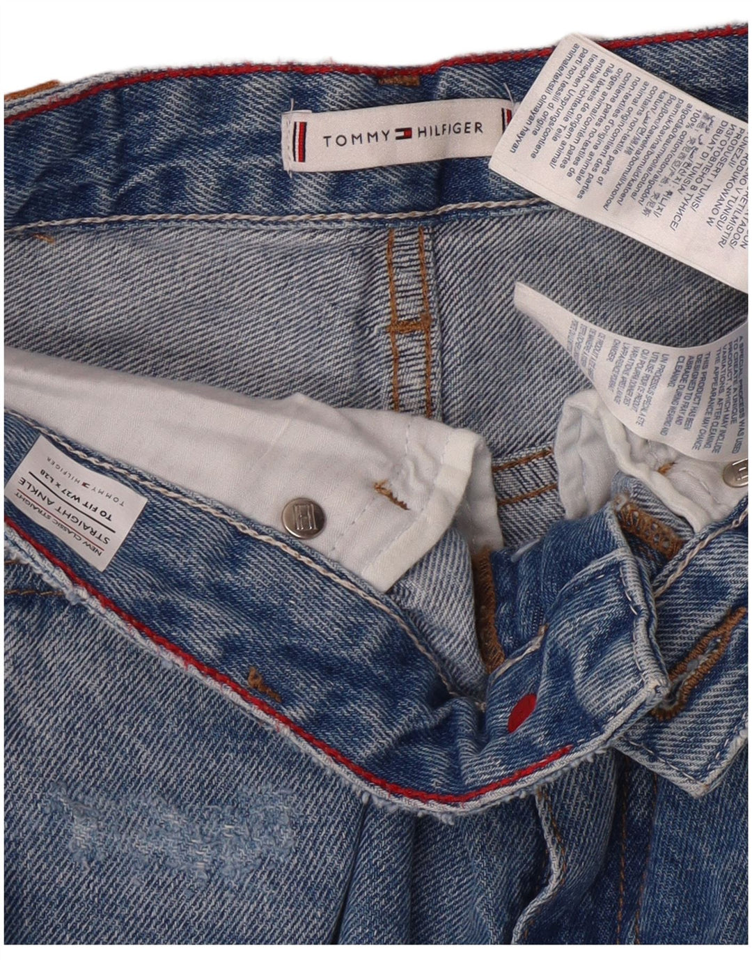 Jeans da donna a vita alta invecchiati Tommy Hilfiger W27 L28 blu classico