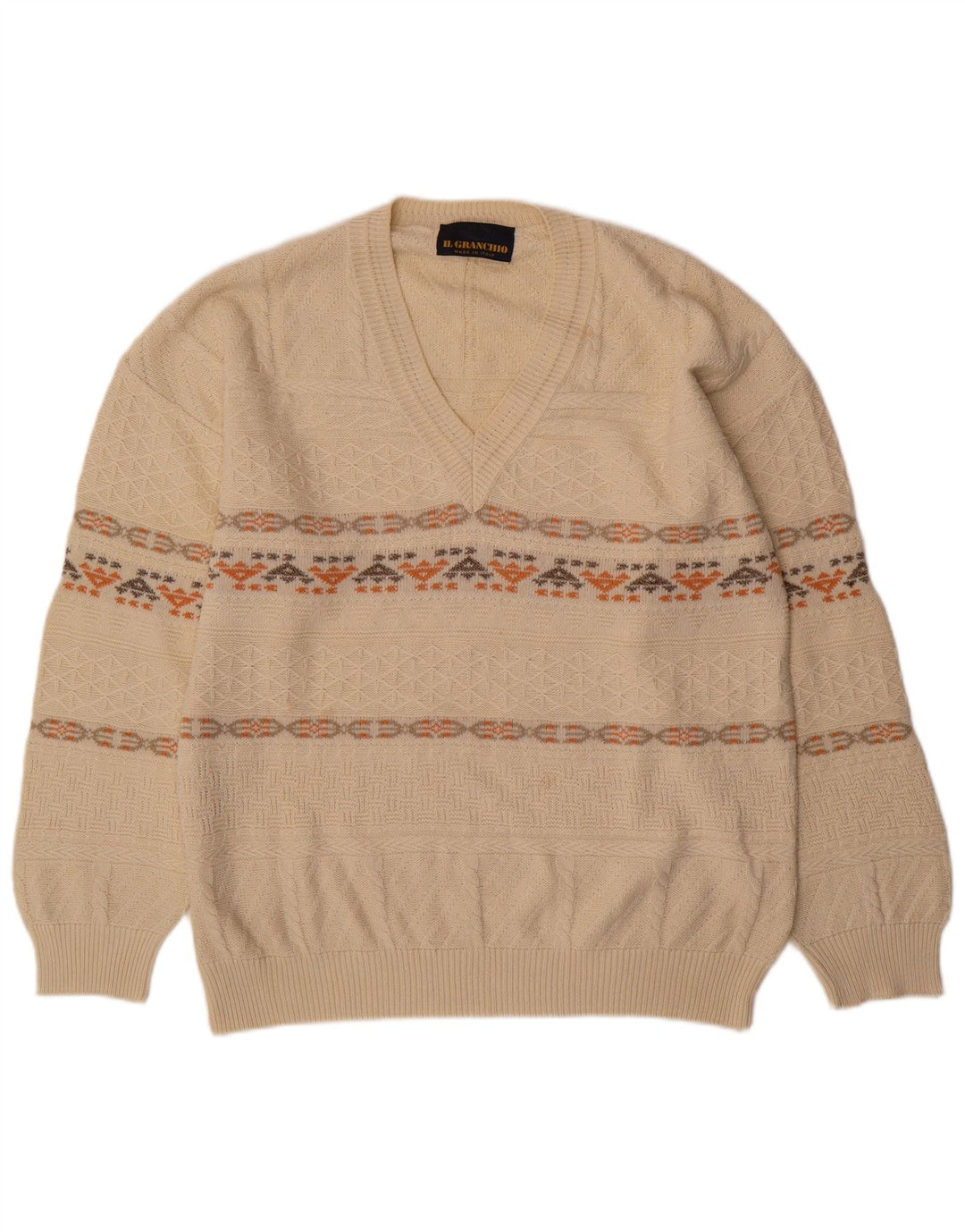Maglione da uomo con scollo a V Il Granchio, grande beige geometrico
