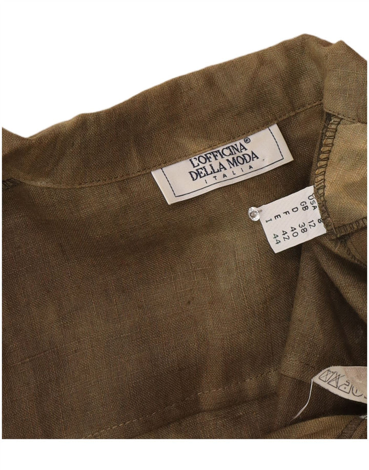 Camicetta camicia a maniche corte da donna vintage UK 12 seta media color kaki tie-dye