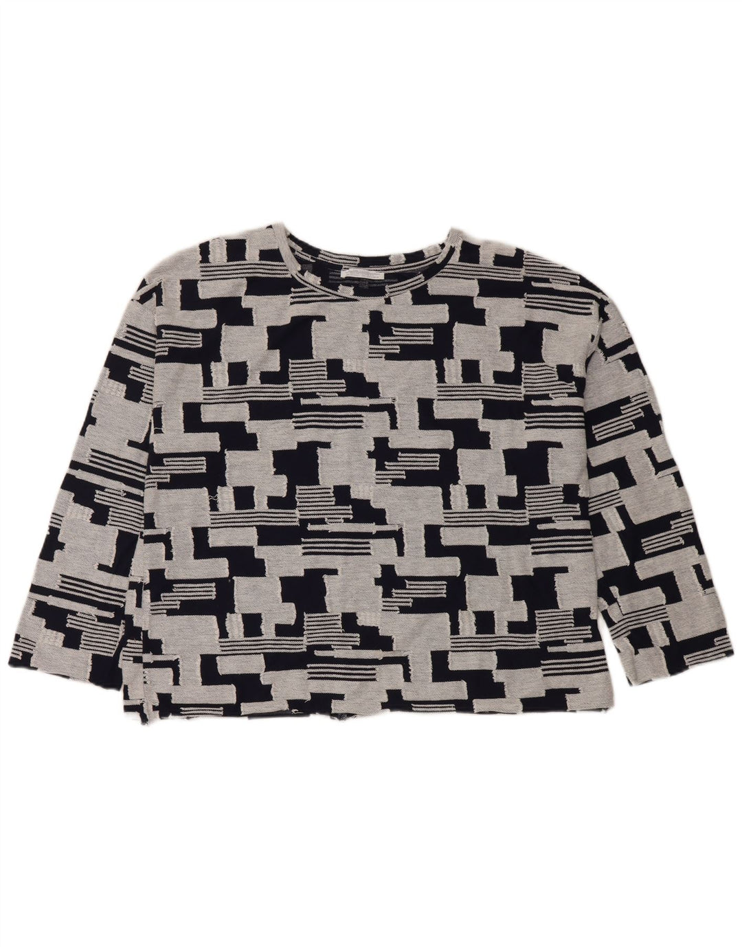 Top Zara da donna manica 3/4 UK 14 cotone geometrico blu navy medio