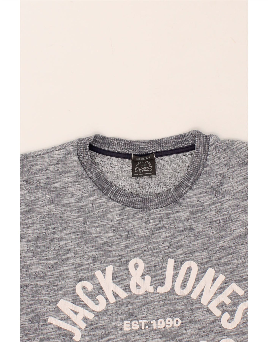 JACK & JONES Mens Graphic Sweatshirt Jumper Medium Grey Flecked Cotton Vintage Jack & Jones and Second-Hand Jack & Jones from Messina Hembry 