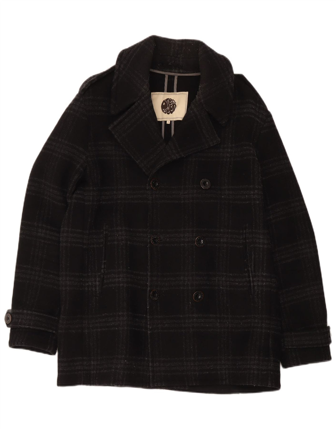 Cappotto da marinaio da uomo Pretty Green UK 40 Lana a quadri neri di grandi dimensioni
