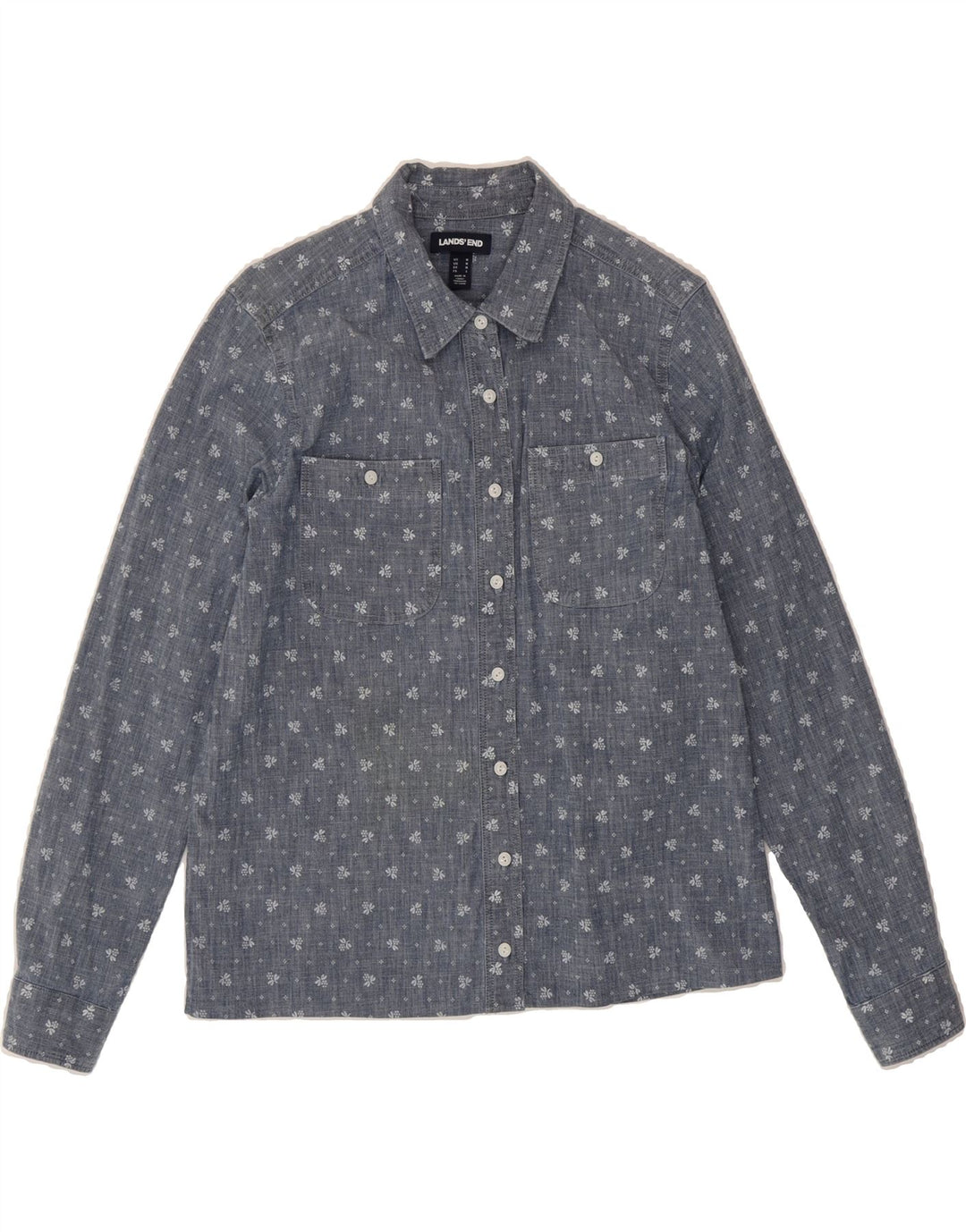 LANDS END Womens Shirt UK 14 Medium Blue Floral Cotton Vintage Lands End and Second-Hand Lands End from Messina Hembry 
