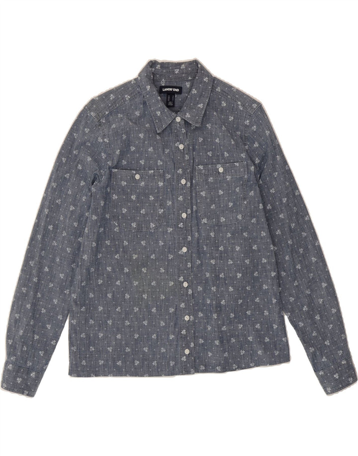 LANDS END Womens Shirt UK 14 Medium Blue Floral Cotton Vintage Lands End and Second-Hand Lands End from Messina Hembry 