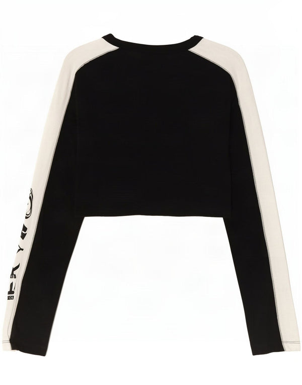 Adidas Donna Crop Graphic Top Manica Lunga UK 6 XS Nero Colourblock Cotone
