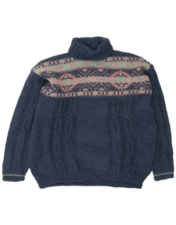 Maglione maglione vintage da uomo con collo alto 2XL Blu navy Fair Isle