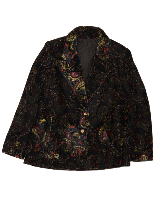 Giacca vintage da donna in velluto a 2 bottoni con motivo cachemire UK 12 medio nero