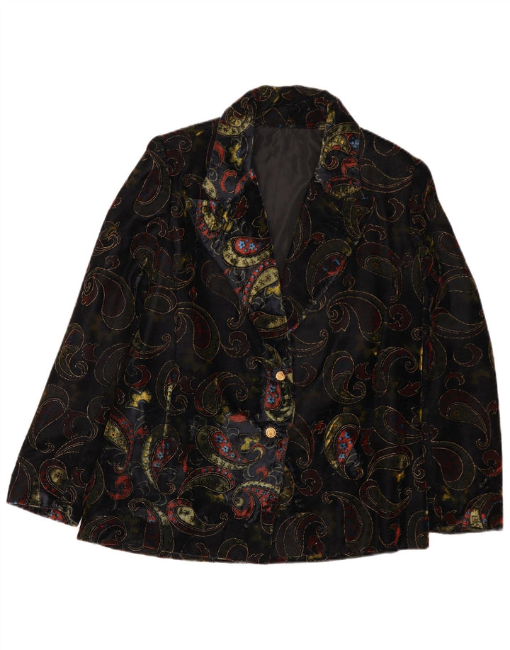 Giacca vintage da donna in velluto a 2 bottoni con motivo cachemire UK 12 medio nero
