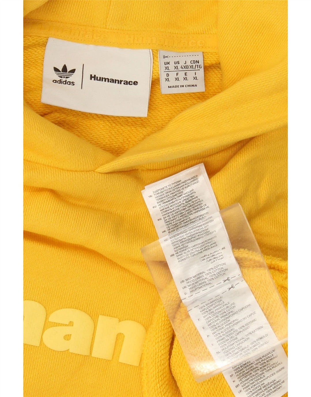 Felpa con cappuccio grafica ADIDAS Humanrace da uomo XL in cotone giallo