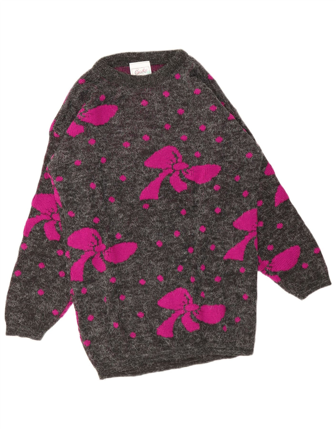 Maglione vintage da donna con scollo a barchetta lungo, taglia unica, grigio maculato