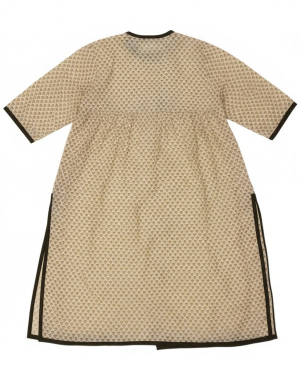 Abito maxi a maniche lunghe da donna vintage UK 14 Grande seta floreale beige