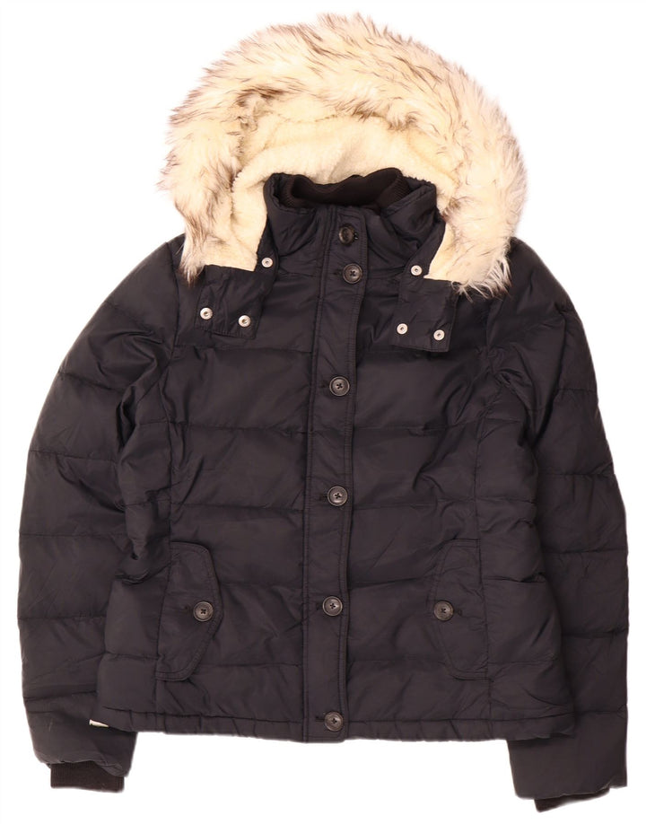 JACK WILLS Giacca imbottita con cappuccio da donna UK 14 Large Nero Nylon