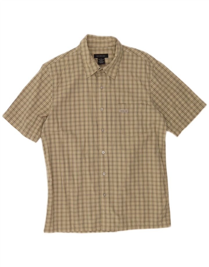 Camicia a maniche corte da uomo Calvin Klein Jeans in cotone a quadri kaki medio