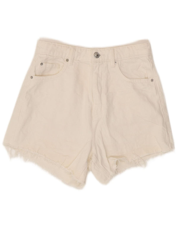 Pantaloncini di jeans a vita alta mamma Marks & Spencer da donna UK 8 piccoli W26 bianchi