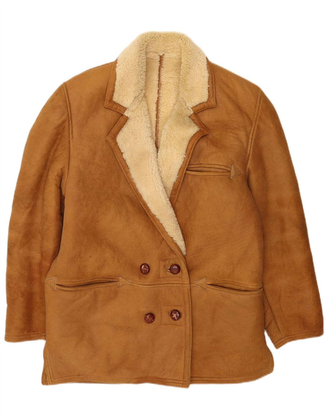 Giacca in shearling doppio petto da donna vintage UK 14 grande beige