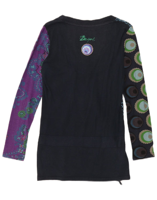 Desigual Donna Top Manica Lunga UK 12 Medio Nero Floreale Cotone