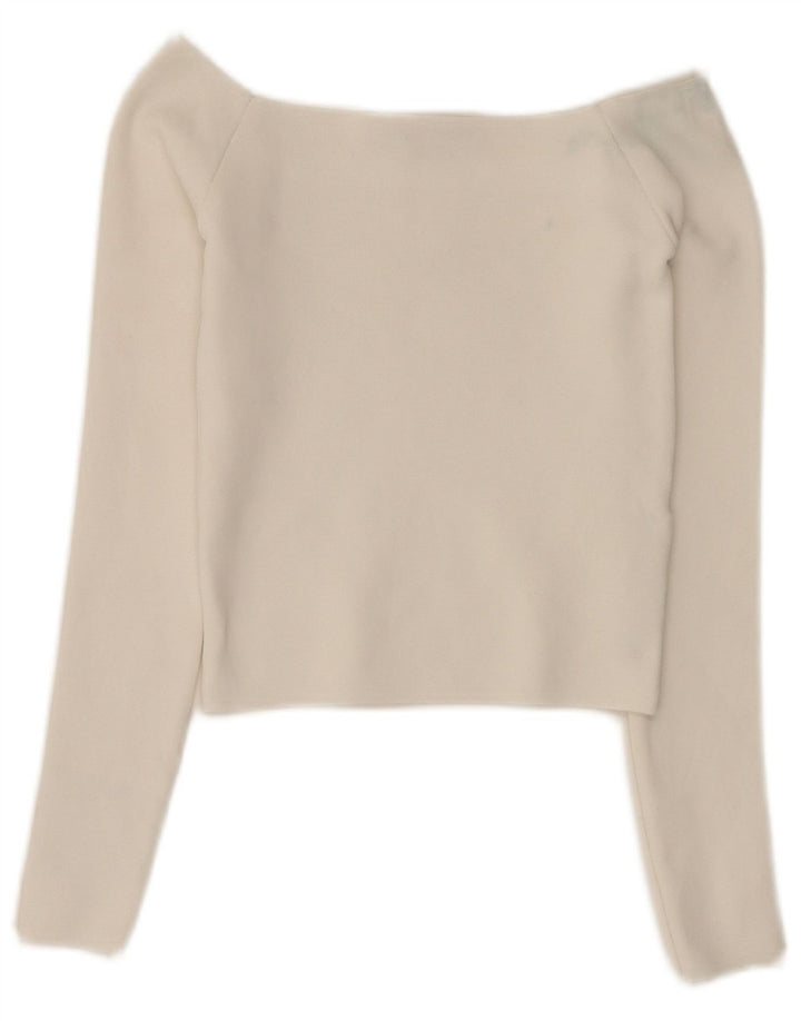 Zara Top corto da donna con spalle scoperte manica lunga UK 6 XS poliestere bianco