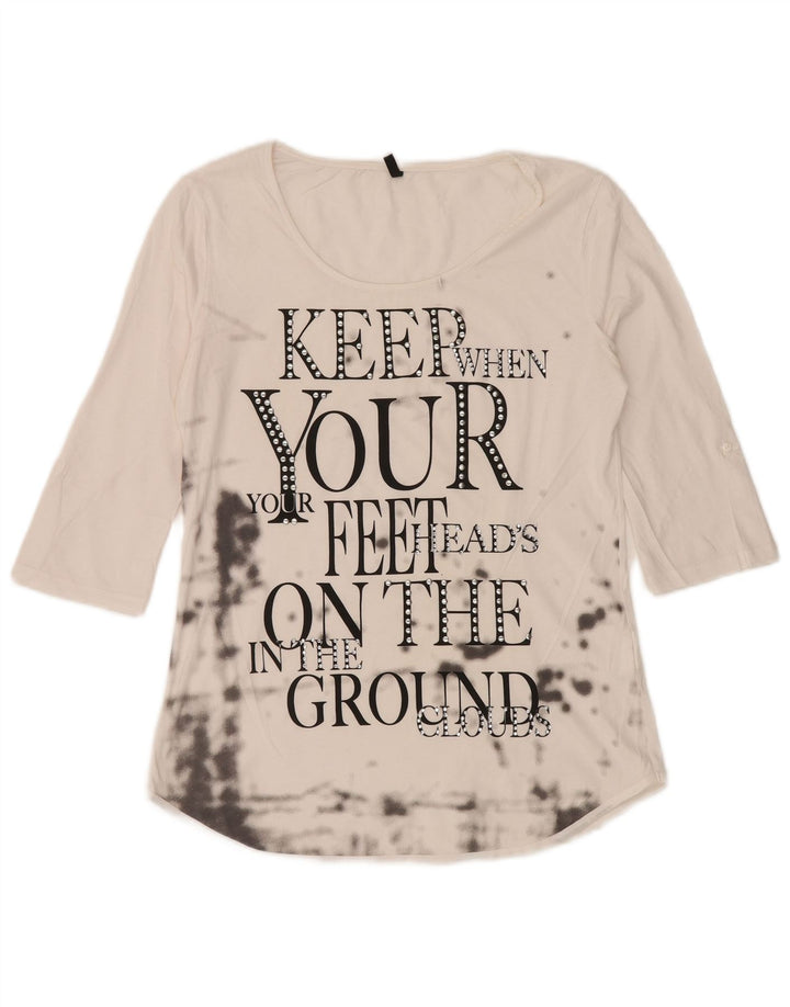 BENETTON Top grafico da donna manica 3/4 UK 12 medio bianco