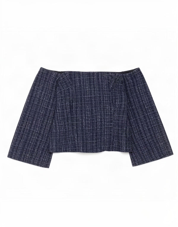 Zara Womens Off Shoulder Top UK 12 Medium Navy Blue Plaid Polyester