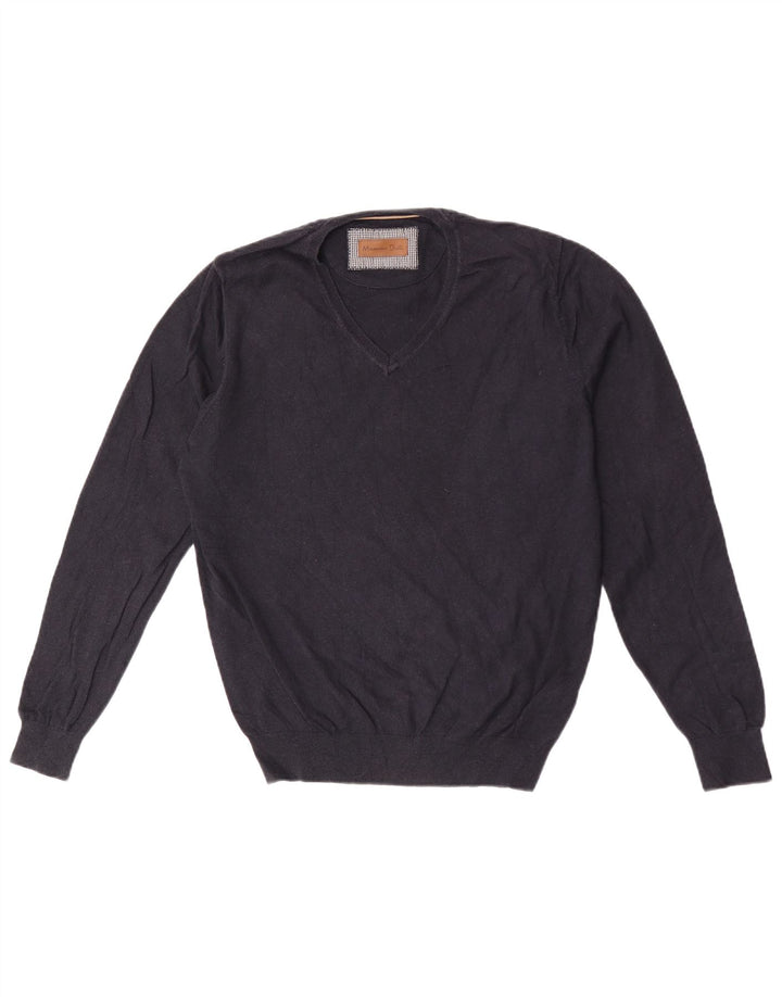 Massimo Dutti Maglione da uomo con scollo a V in cotone medio blu navy