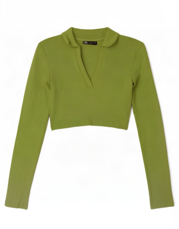 Polo corta da donna a maniche lunghe Zara UK 8 piccola verde