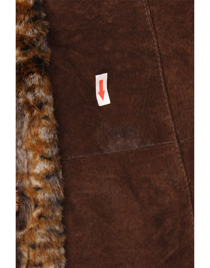 Soprabito vintage da donna in pelle scamosciata UK 14 grande pelle marrone con stampa animalier