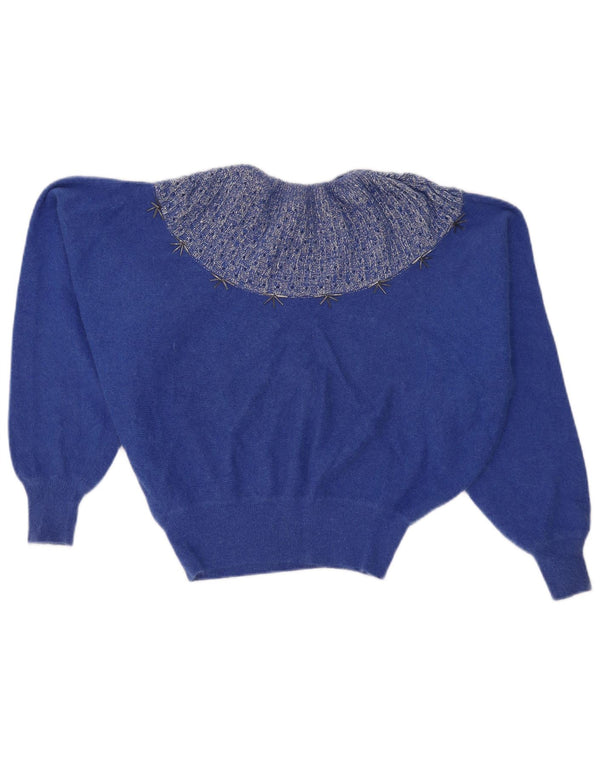 Maglione corto da donna vintage con scollo a barca UK 12 color block blu medio