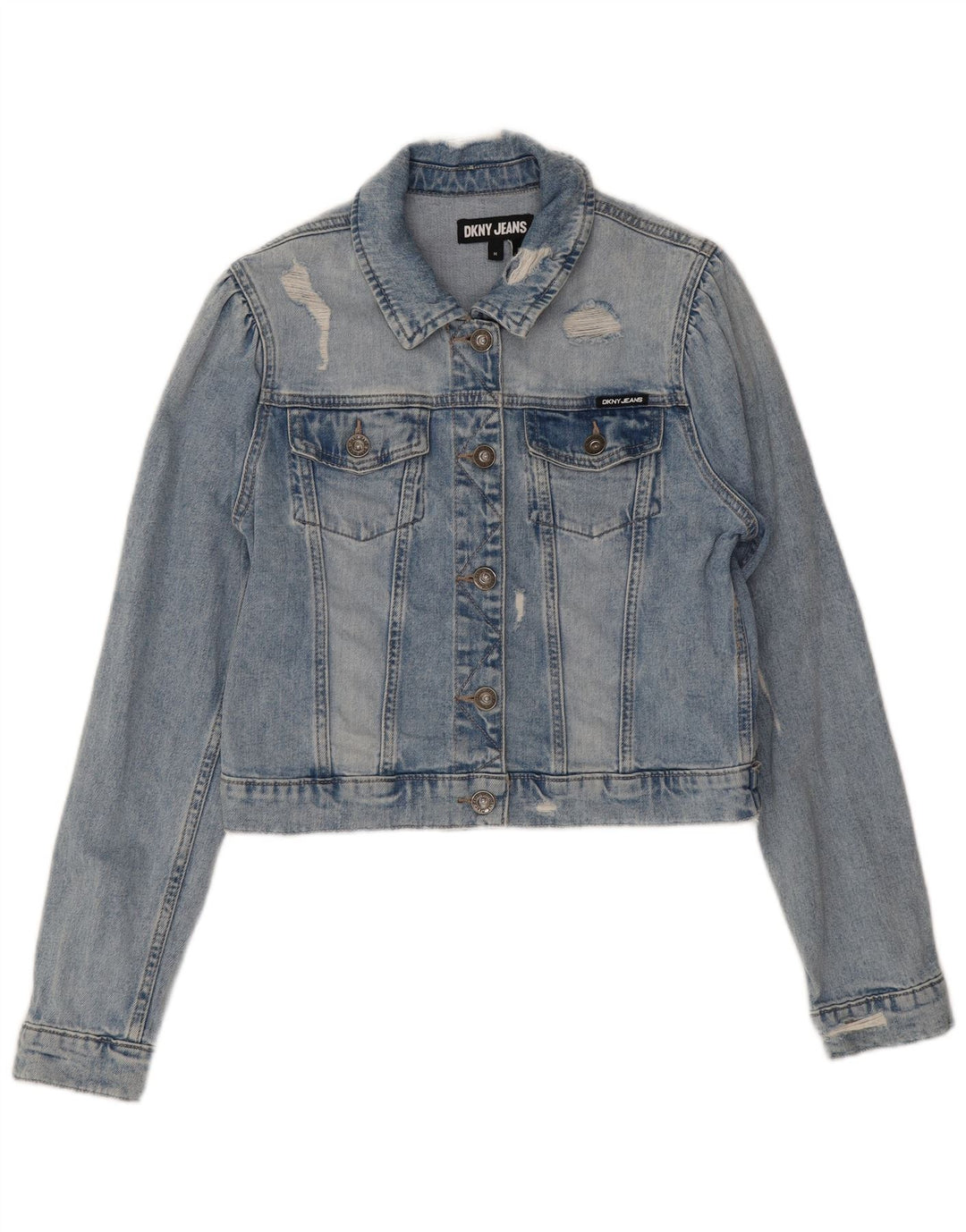 Giacca in denim effetto invecchiato corto da donna Dkny UK 14 cotone blu medio