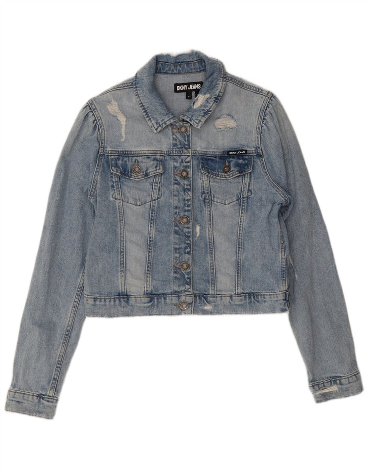 Giacca in denim effetto invecchiato corto da donna Dkny UK 14 cotone blu medio