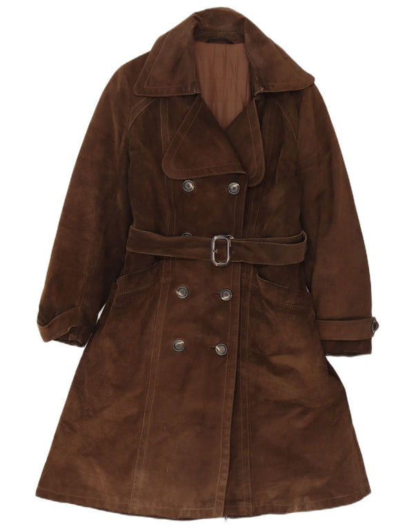 Cappotto doppiopetto vintage in pelle scamosciata da donna IT 40 piccolo marrone