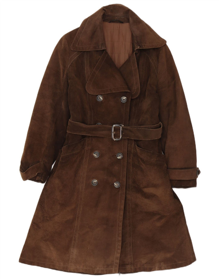 Cappotto doppiopetto vintage in pelle scamosciata da donna IT 40 piccolo marrone