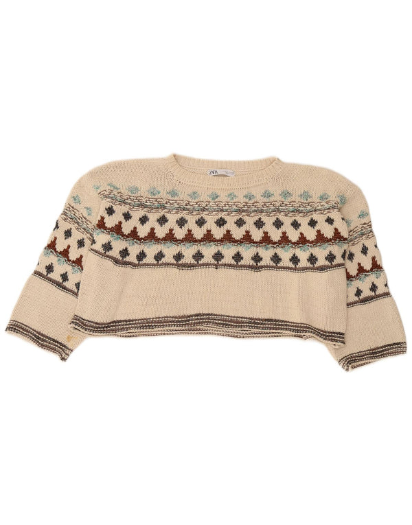 Maglione corto con scollo a barca da donna Zara UK 10 Small Beige Fair Isle