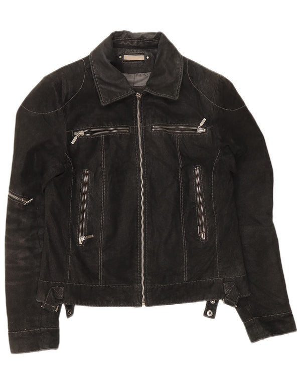 Giacca vintage in pelle scamosciata da donna UK 10 piccola in pelle nera