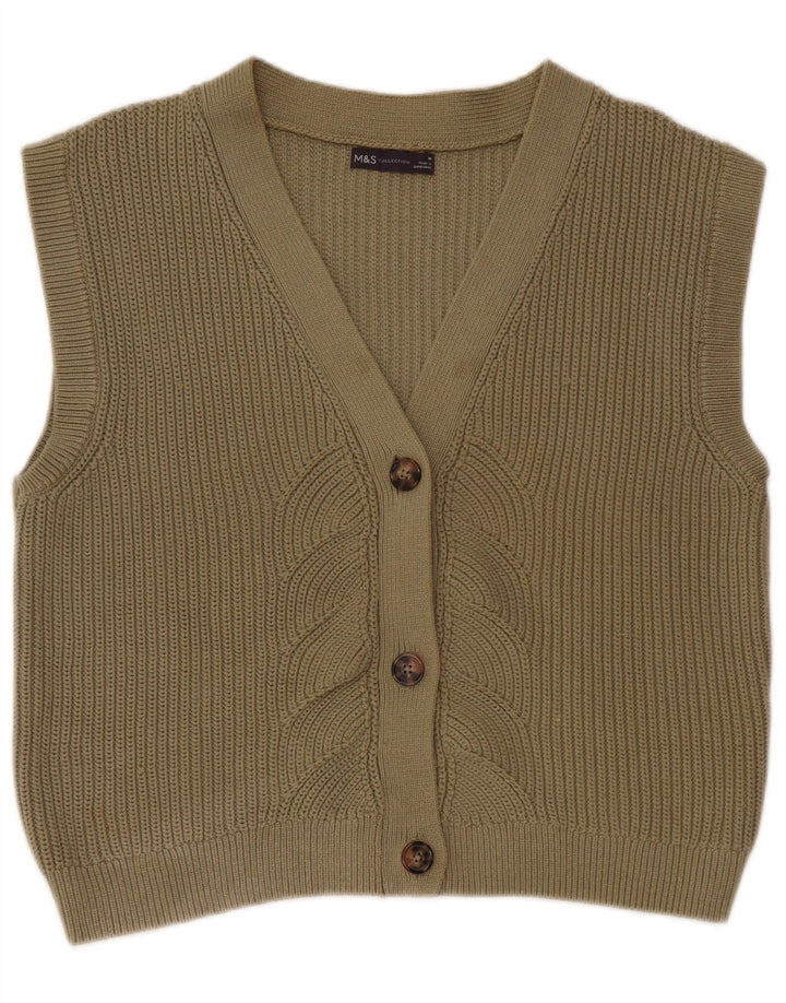 Maglione cardigan senza maniche corto da donna Marks & Spencer UK 14 medio cachi