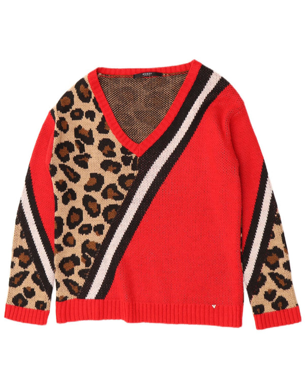 Guess Maglione da donna con scollo a V UK 12 Acrilico con stampa animalier rosso medio