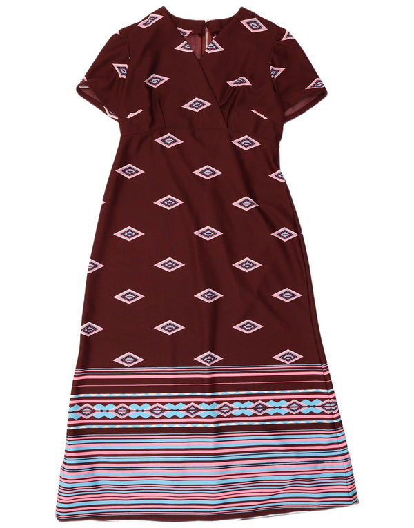 Abito lungo da donna vintage UK 10 piccolo bordeaux geometrico