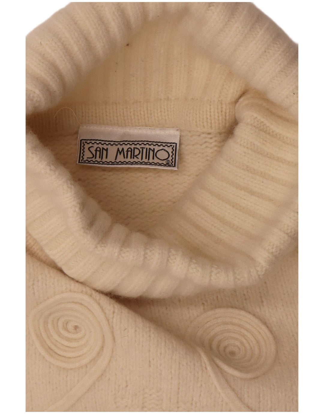Maglione maglione vintage da donna con collo alto UK 14 medio bianco sporco geometrico