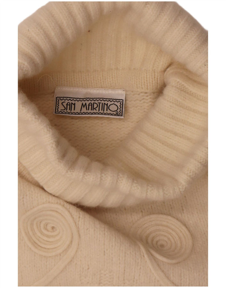 Maglione maglione vintage da donna con collo alto UK 14 medio bianco sporco geometrico