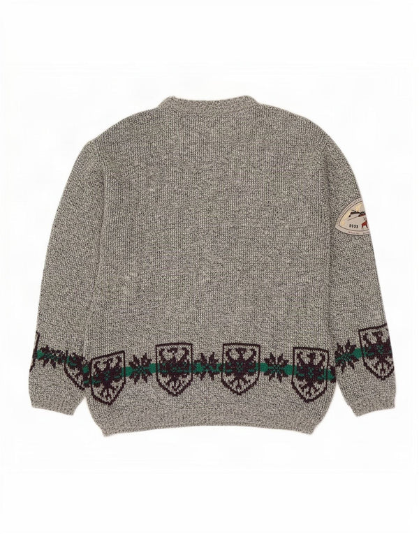 Maglione girocollo da uomo vintage in lana Fair Isle grigia grande