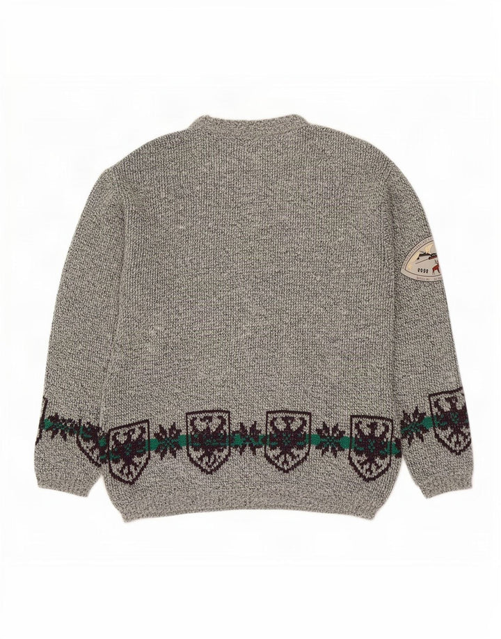 Maglione girocollo da uomo vintage in lana Fair Isle grigia grande