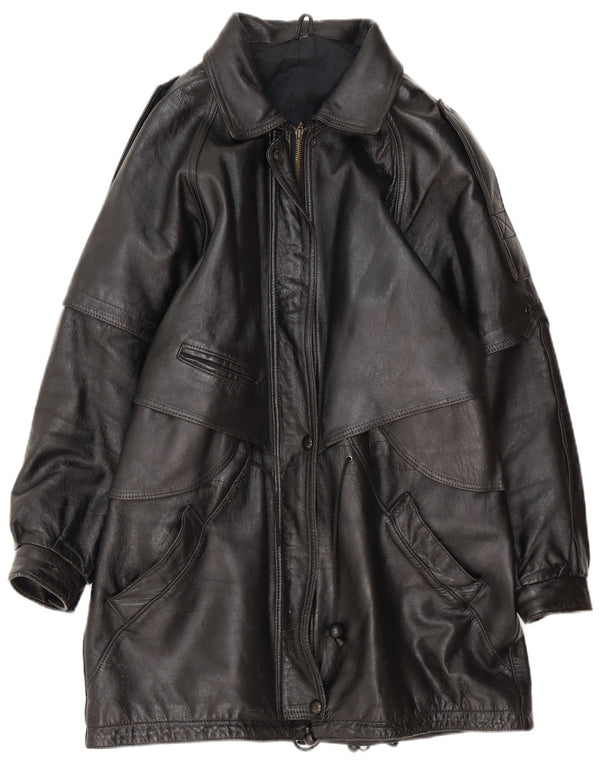 Vintage Womens Oversized Leather Coat UK 16 Large Black