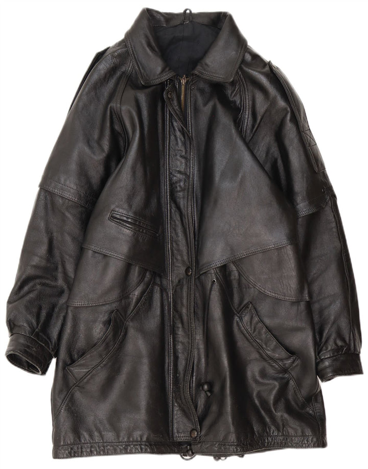 Cappotto oversize in pelle vintage da donna UK 16 grande nero