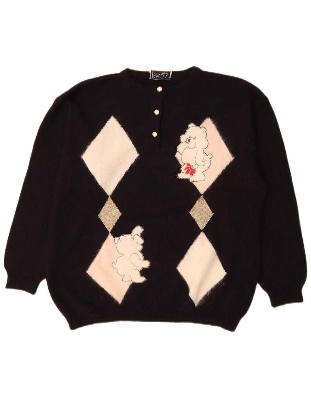 Baldini Maglione da Donna con Collo a Bottoni Maglione UK 16 Grande Nero Argyle/Diamante