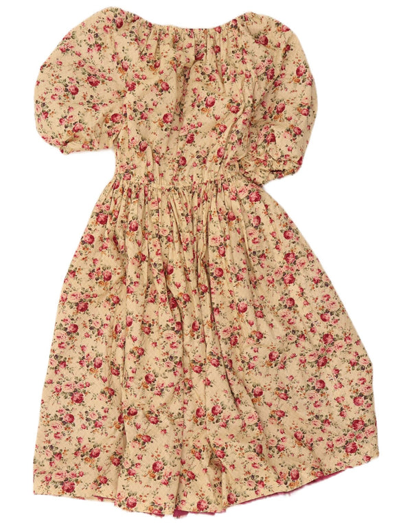 Abito vintage da donna con spalle scoperte UK 14 Grande motivo floreale beige